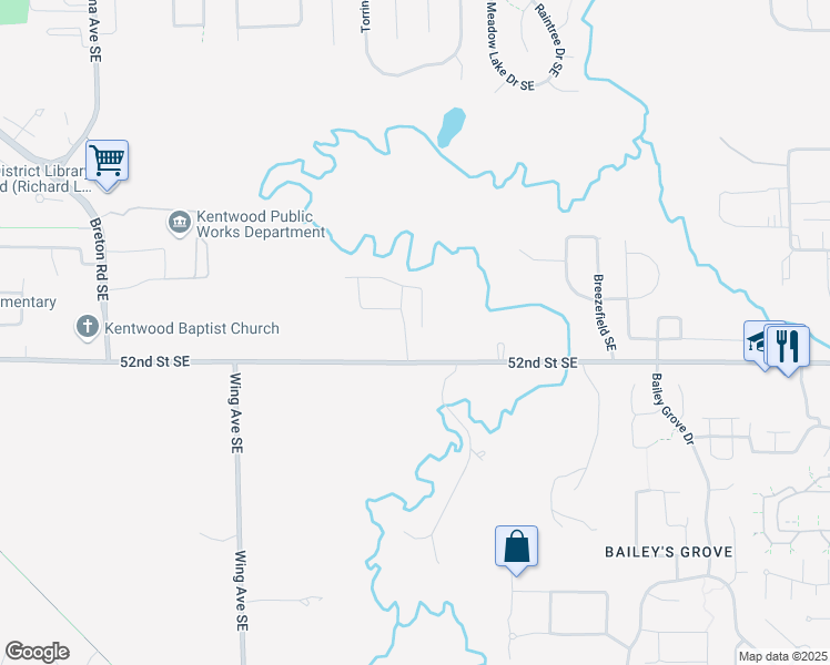 map of restaurants, bars, coffee shops, grocery stores, and more near 5150 Taylor Ridge Drive Southeast in Kentwood