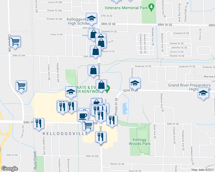 map of restaurants, bars, coffee shops, grocery stores, and more near 39 52nd Street Southeast in Grand Rapids