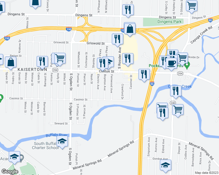 map of restaurants, bars, coffee shops, grocery stores, and more near 48 Fernwood Avenue in Buffalo