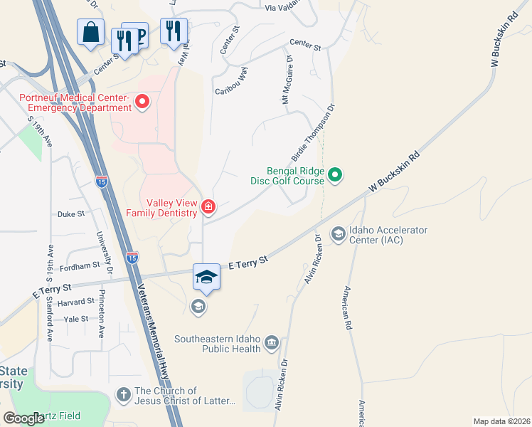 map of restaurants, bars, coffee shops, grocery stores, and more near 2475 Birdie Thompson Drive in Pocatello