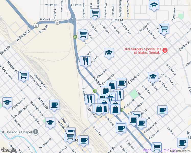 map of restaurants, bars, coffee shops, grocery stores, and more near 624 East Wyeth Street in Pocatello
