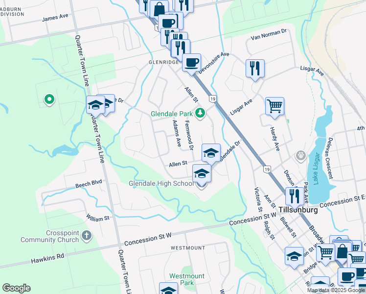 map of restaurants, bars, coffee shops, grocery stores, and more near 4 Adams Avenue in Tillsonburg