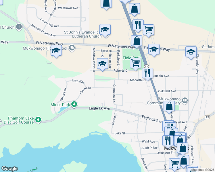 map of restaurants, bars, coffee shops, grocery stores, and more near 304 Ahrens Drive in Mukwonago