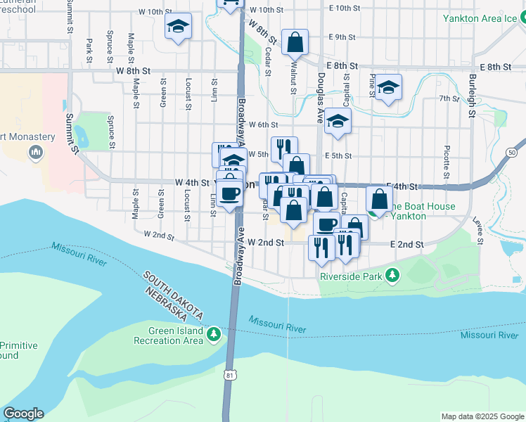 map of restaurants, bars, coffee shops, grocery stores, and more near 200 West 3rd Street in Yankton