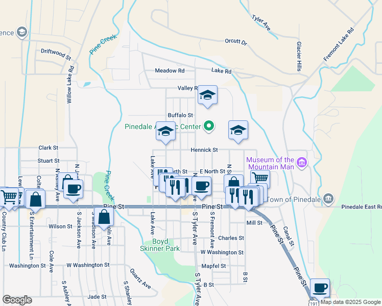map of restaurants, bars, coffee shops, grocery stores, and more near 378 North Tyler Avenue in Pinedale