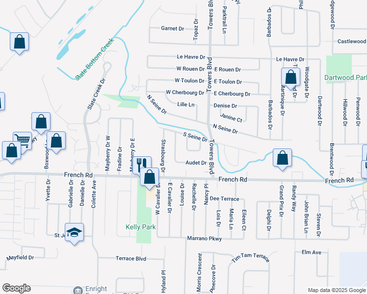 map of restaurants, bars, coffee shops, grocery stores, and more near 19 Lucerne Court in Buffalo