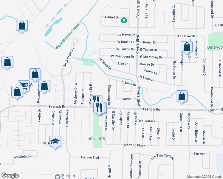 map of restaurants, bars, coffee shops, grocery stores, and more near 53 Strasbourg Drive in Buffalo