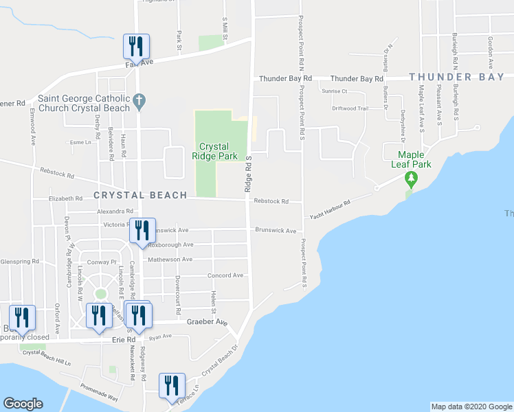 map of restaurants, bars, coffee shops, grocery stores, and more near 3677 Rebstock Road in Fort Erie