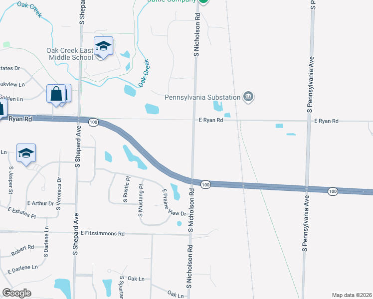 map of restaurants, bars, coffee shops, grocery stores, and more near 9601 South Nicholson Road in Oak Creek