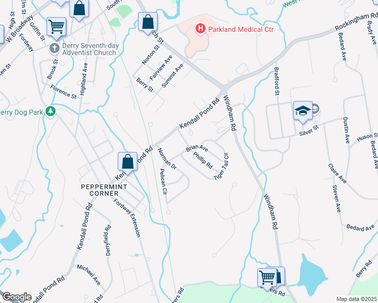 map of restaurants, bars, coffee shops, grocery stores, and more near 9 Phillip Road in Derry