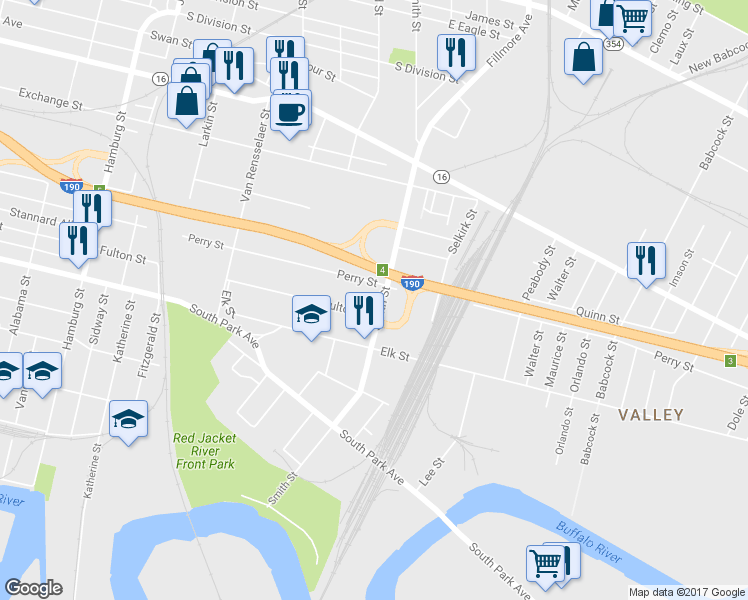 map of restaurants, bars, coffee shops, grocery stores, and more near 304 Smith Street in Buffalo