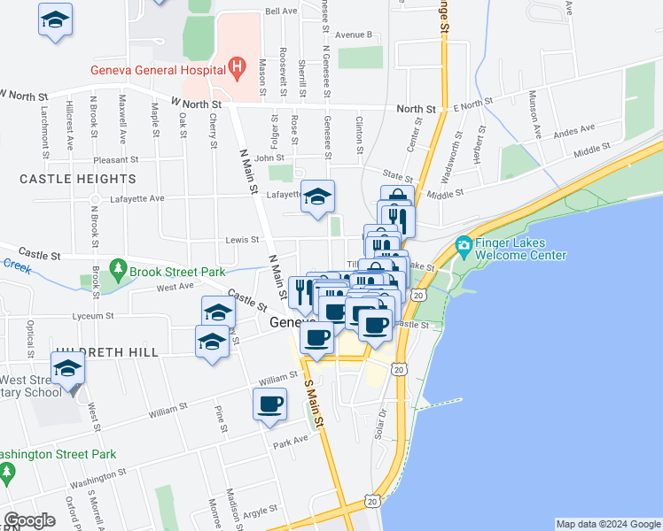 map of restaurants, bars, coffee shops, grocery stores, and more near 26 Geneva Street in Geneva
