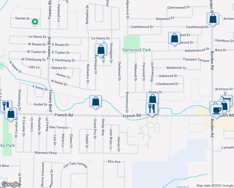 map of restaurants, bars, coffee shops, grocery stores, and more near 35 Dartwood Drive in Buffalo