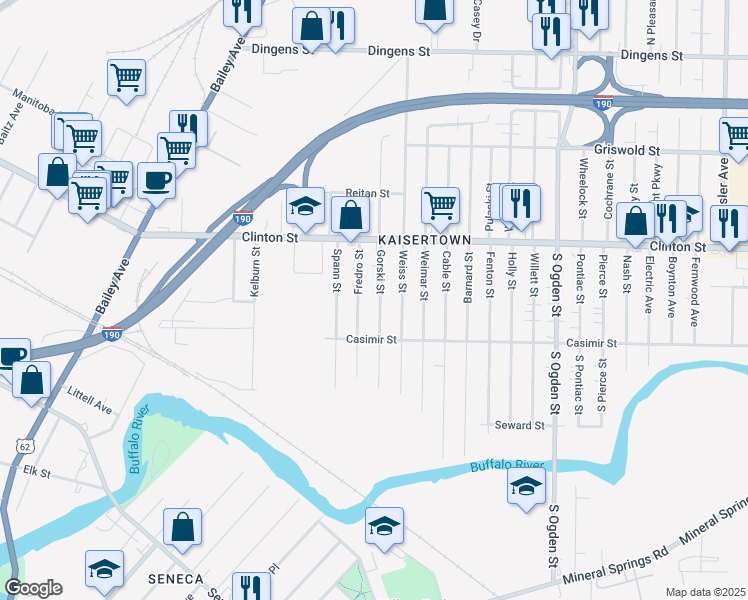 map of restaurants, bars, coffee shops, grocery stores, and more near 112 Gorski Street in Buffalo