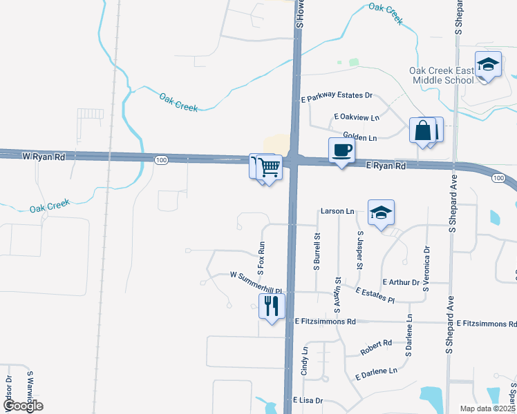 map of restaurants, bars, coffee shops, grocery stores, and more near 150 West Fairfield Court in Oak Creek