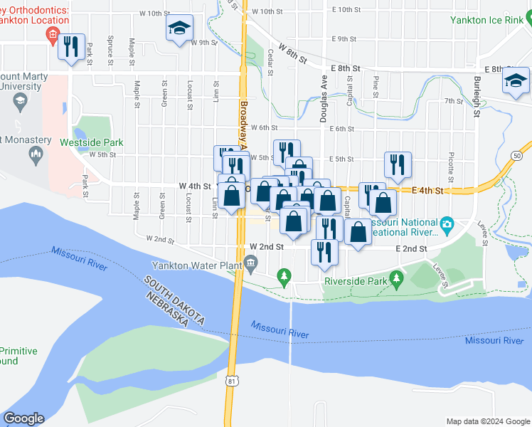 map of restaurants, bars, coffee shops, grocery stores, and more near 200-298 W 3rd St in Yankton
