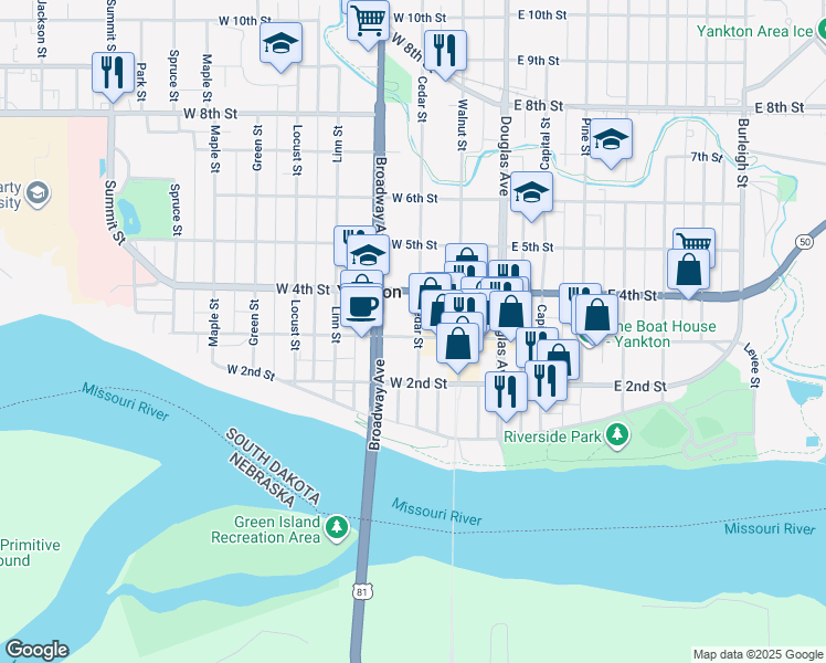 map of restaurants, bars, coffee shops, grocery stores, and more near 200-298 W 3rd St in Yankton