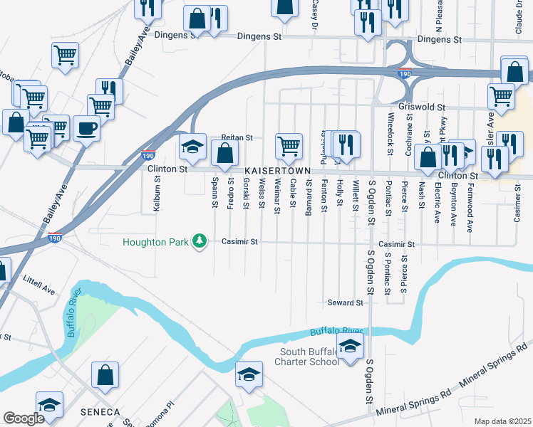 map of restaurants, bars, coffee shops, grocery stores, and more near 113 Weiss St in Buffalo