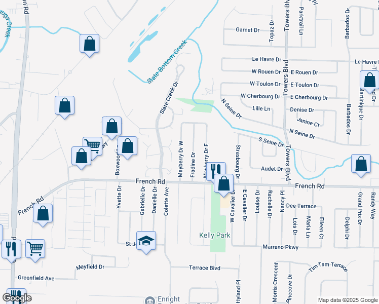 map of restaurants, bars, coffee shops, grocery stores, and more near 48 Fradine Drive in Buffalo