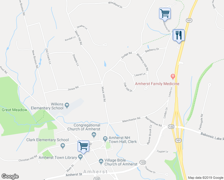 map of restaurants, bars, coffee shops, grocery stores, and more near 17 Mack Hill Road in Amherst