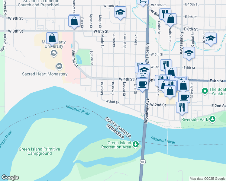 map of restaurants, bars, coffee shops, grocery stores, and more near 307 Green Street in Yankton