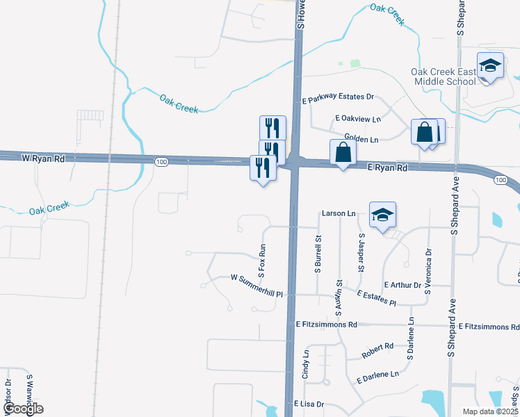 map of restaurants, bars, coffee shops, grocery stores, and more near 150 West Fairfield Court in Oak Creek