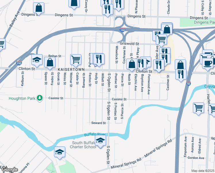 map of restaurants, bars, coffee shops, grocery stores, and more near 324 South Ogden Street in Buffalo