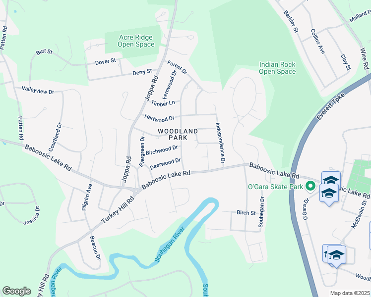 map of restaurants, bars, coffee shops, grocery stores, and more near 9 Woodland Drive in Merrimack