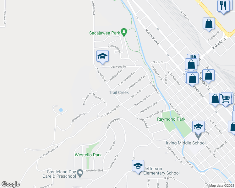 map of restaurants, bars, coffee shops, grocery stores, and more near 258 Maplewood Avenue in Pocatello