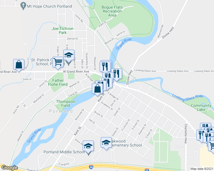 map of restaurants, bars, coffee shops, grocery stores, and more near 140 Kent Street in Portland