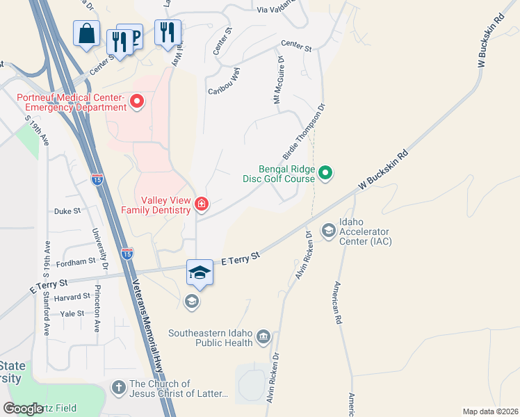 map of restaurants, bars, coffee shops, grocery stores, and more near 2475 Birdie Thompson Drive in Pocatello
