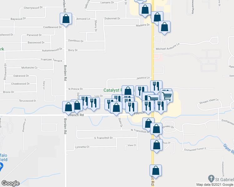 map of restaurants, bars, coffee shops, grocery stores, and more near 102 Lou Drive in Depew