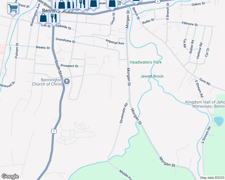 map of restaurants, bars, coffee shops, grocery stores, and more near 7 Margaret Lane in Bennington