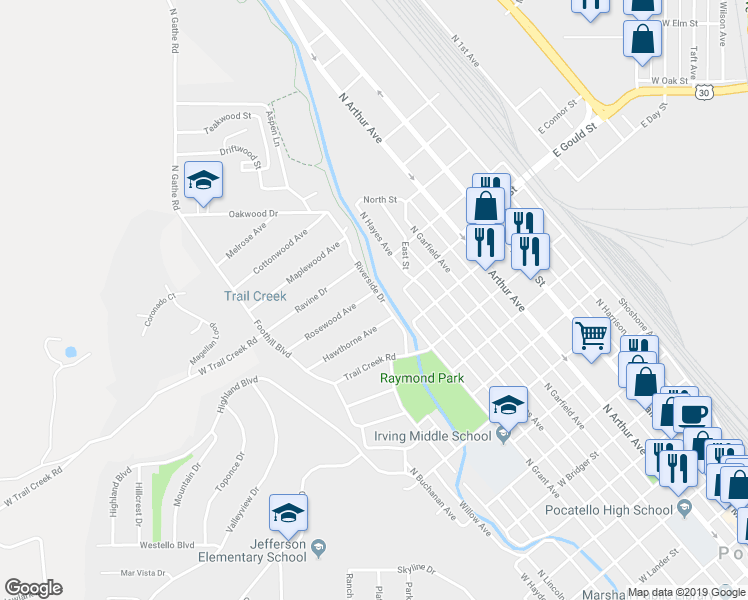 map of restaurants, bars, coffee shops, grocery stores, and more near 255 Riverside Drive in Pocatello