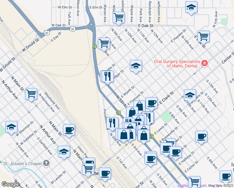 map of restaurants, bars, coffee shops, grocery stores, and more near 540 North 5th Avenue in Pocatello