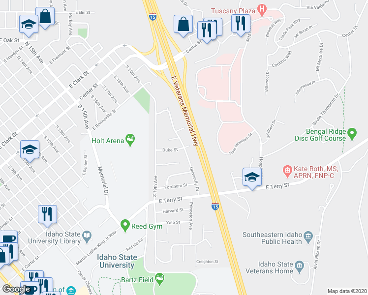 map of restaurants, bars, coffee shops, grocery stores, and more near 599 University Drive in Pocatello