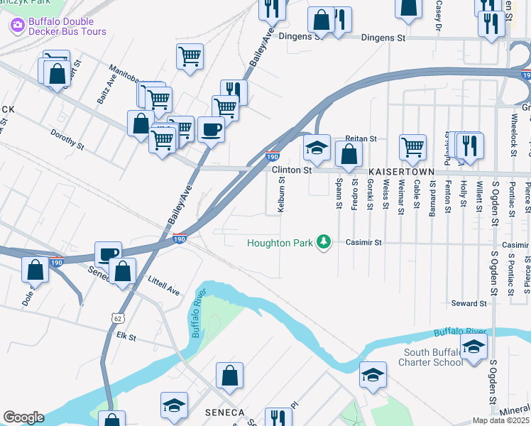 map of restaurants, bars, coffee shops, grocery stores, and more near 21 Roberts Avenue in Buffalo