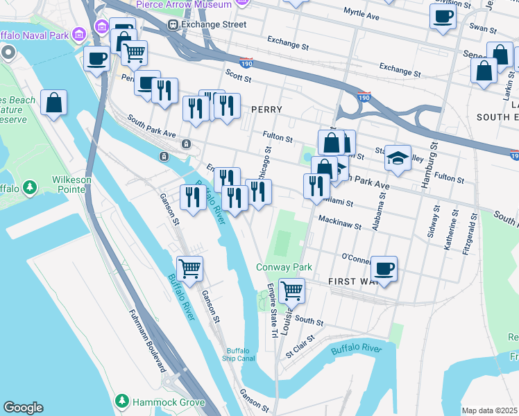 map of restaurants, bars, coffee shops, grocery stores, and more near 71 Chicago Street in Buffalo