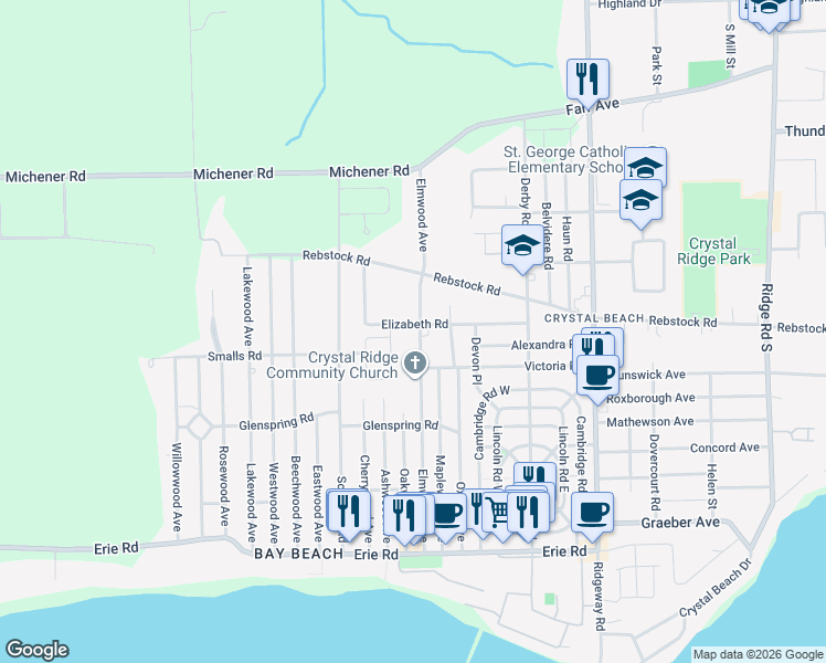 map of restaurants, bars, coffee shops, grocery stores, and more near 197 Elmwood Avenue in Fort Erie