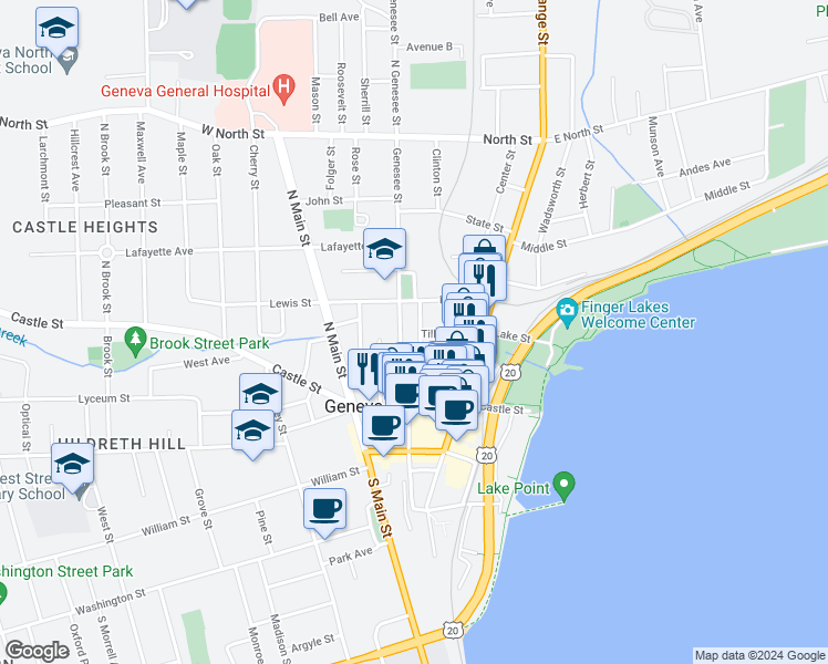 map of restaurants, bars, coffee shops, grocery stores, and more near 24 Geneva Street in Geneva