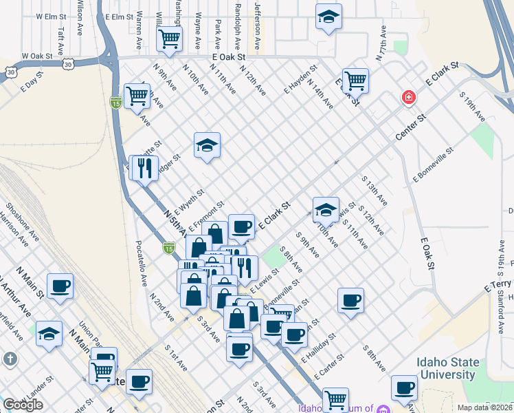map of restaurants, bars, coffee shops, grocery stores, and more near 923 East Lander Street in Pocatello