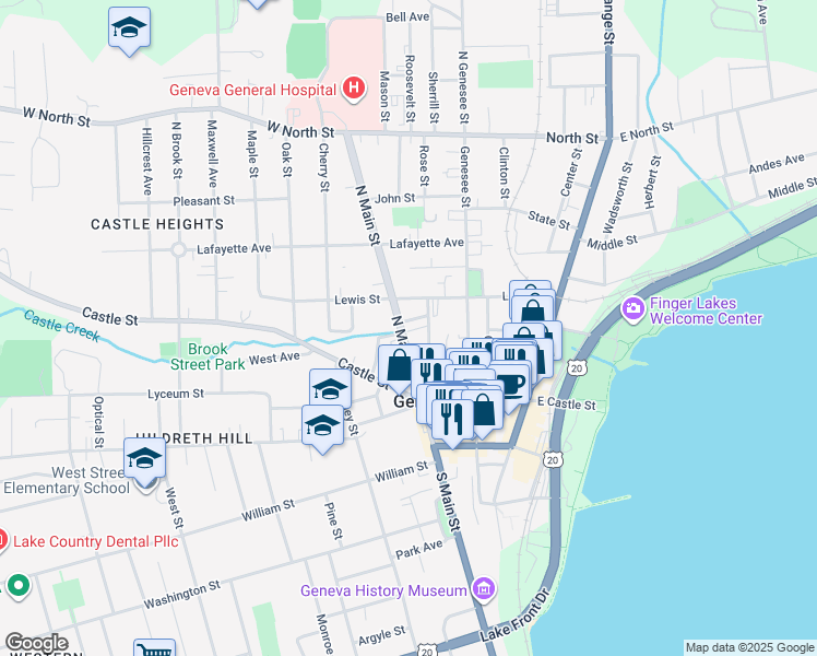 map of restaurants, bars, coffee shops, grocery stores, and more near 173 North Main Street in Geneva