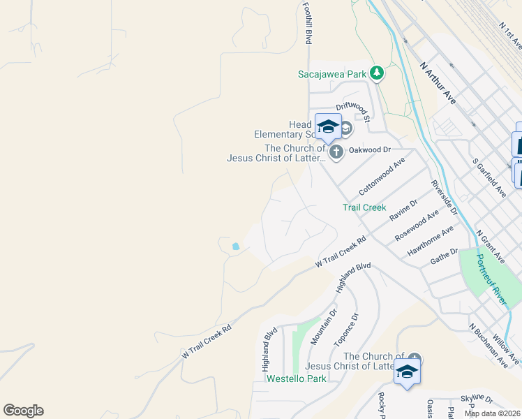 map of restaurants, bars, coffee shops, grocery stores, and more near 1402 De Salle Court in Pocatello