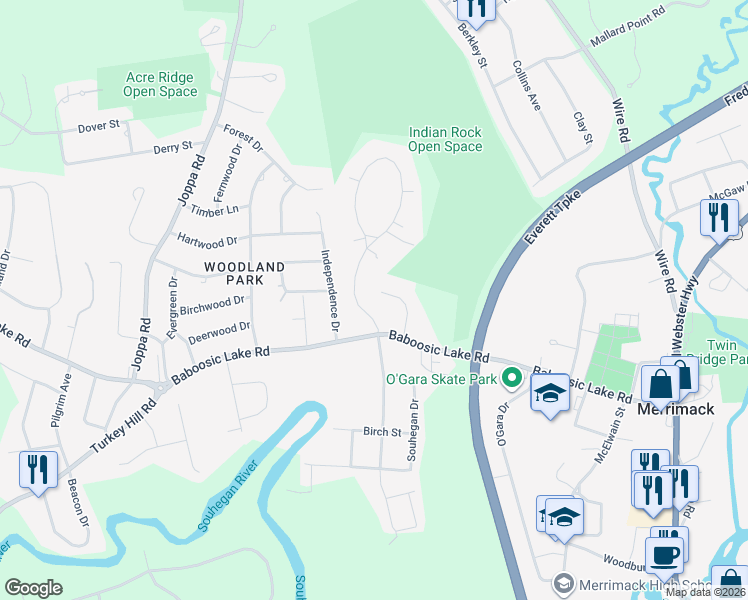 map of restaurants, bars, coffee shops, grocery stores, and more near 6 Rose Lane in Merrimack