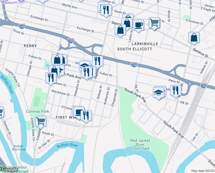 map of restaurants, bars, coffee shops, grocery stores, and more near 623 S Park Ave in Buffalo