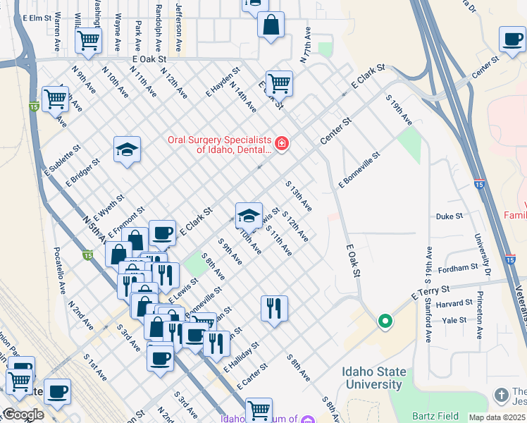 map of restaurants, bars, coffee shops, grocery stores, and more near 139 South 11th Avenue in Pocatello