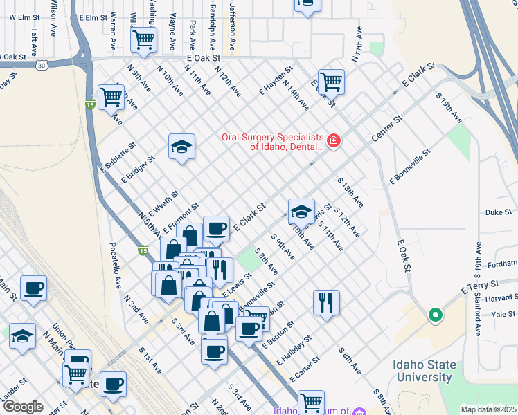 map of restaurants, bars, coffee shops, grocery stores, and more near 1021 East Clark Street in Pocatello