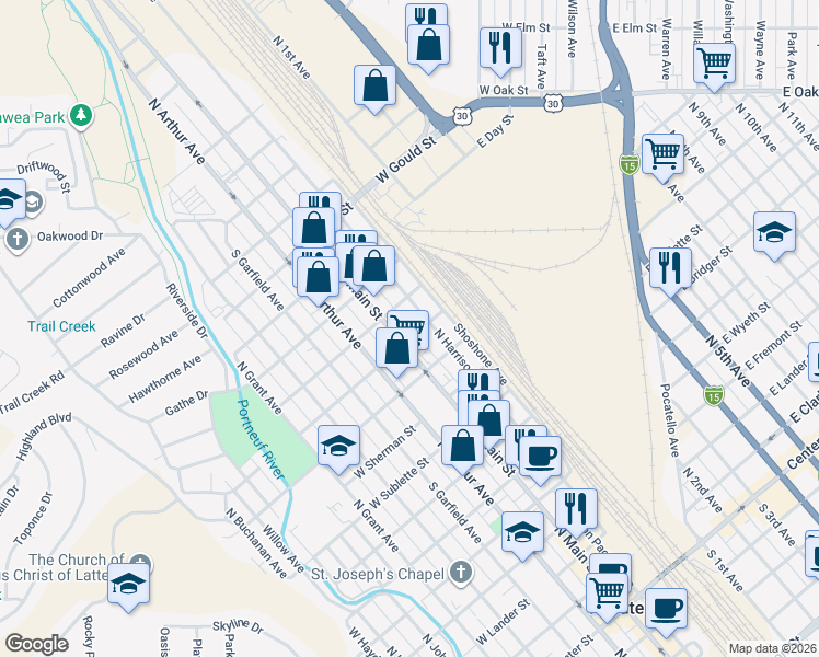 map of restaurants, bars, coffee shops, grocery stores, and more near 1128 N Main St in Pocatello