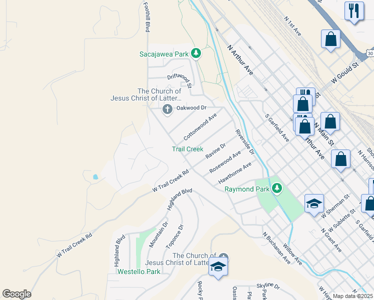 map of restaurants, bars, coffee shops, grocery stores, and more near 258 Maplewood Avenue in Pocatello
