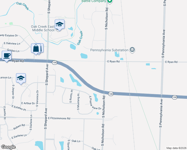 map of restaurants, bars, coffee shops, grocery stores, and more near 1203 East Ryan Road in Oak Creek